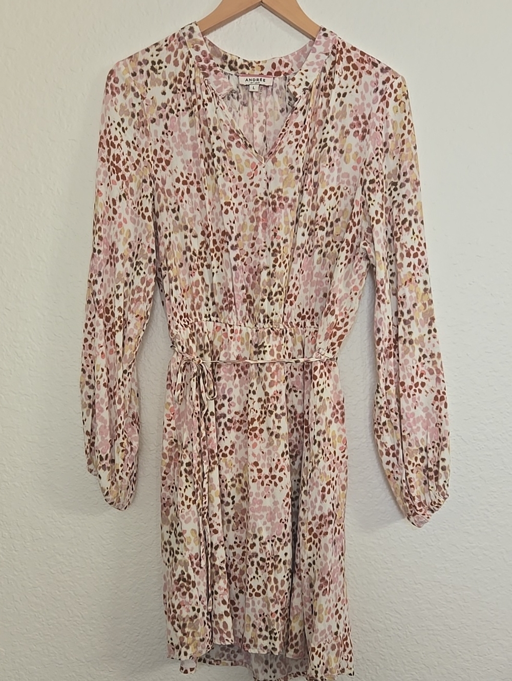 Andree Soft Pink Multi Floral & Speckled Waist-Tie Long Sleeve Midi Dress